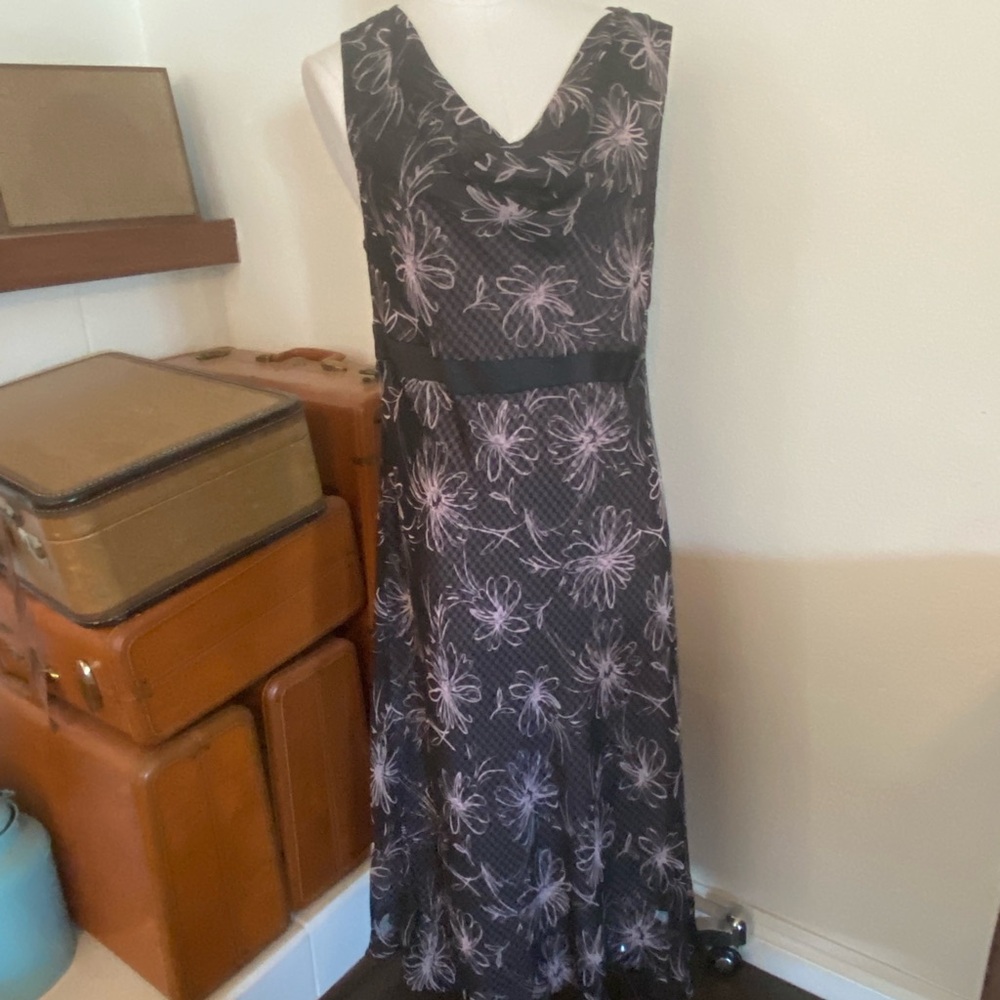 Vintage 90s Y2K Flowy Cowl Neck floral dress Meghan Matthews houndstooth sheer